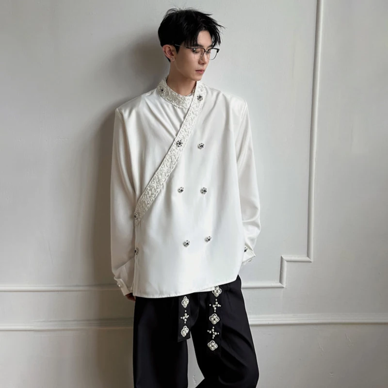 WTHT Trendy Men's Plate Buckle Embroidery Shoulder Pads T-shirts Fashion Solid Color Stand Collar Tops Male 2026 Summer 2A3043