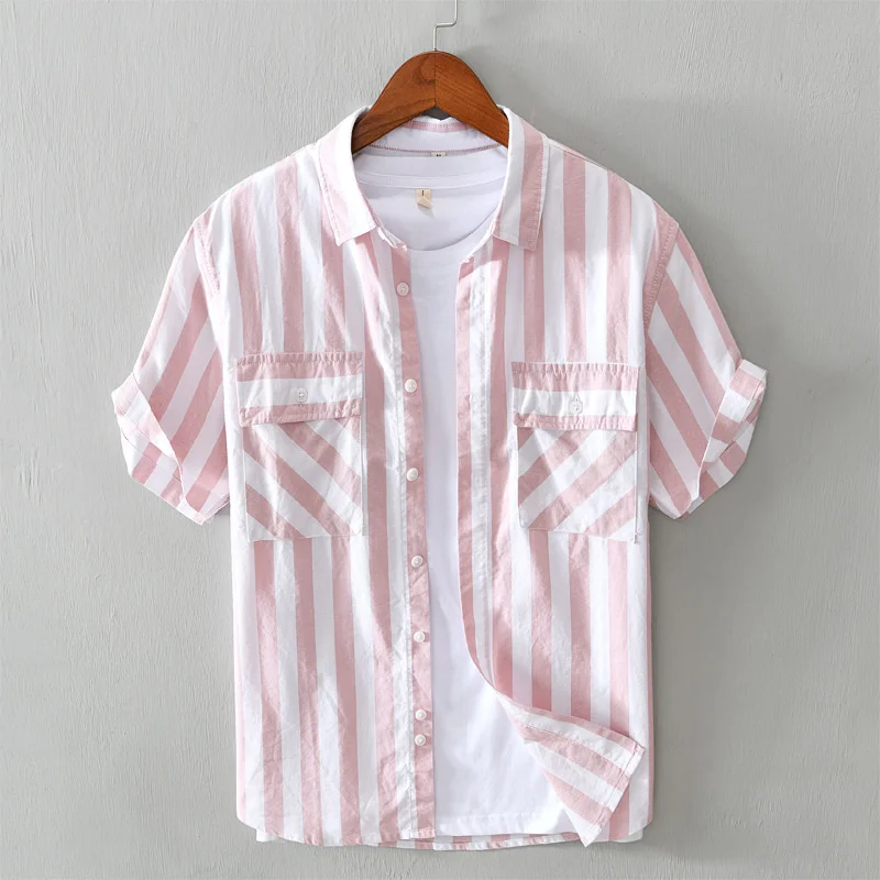 Harajuku Cotton Striped Shirt Men Japanese Style Summer Holiday Beach Short Sleeve Shirts for Man Clothing Camisa Masculina