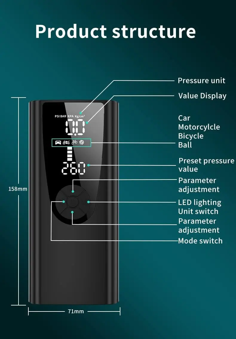 منفاخ إطارات محمول مع مقياس رقمي وإضاءة LED - ضاغط هواء 120 رطل لكل بوصة مربعة للسيارة والدراجات النارية والدراجة الإلكترونية والدراجات