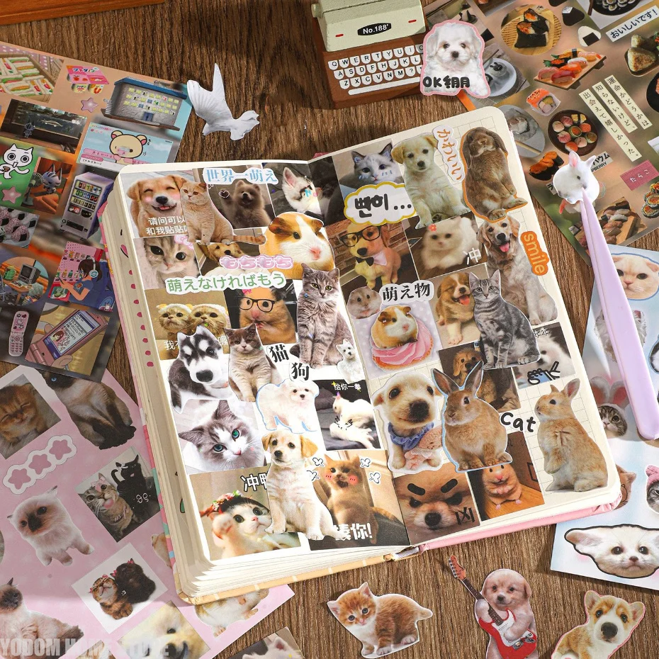 

60 Sheets Non-repeating Cute Animal Stickers Dog Cat Vintage for Craft Supplies Scrapbooking Material
