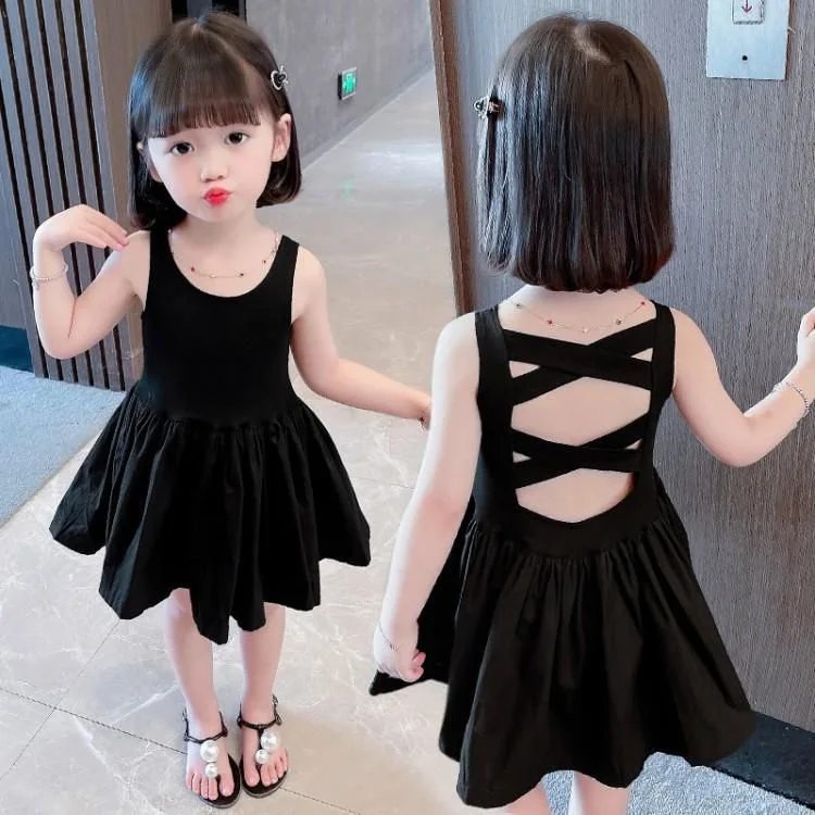Girls Summer Dress Babys Temperament Black Solid Color Sleeveless Cross Backless Princess Vest Dress