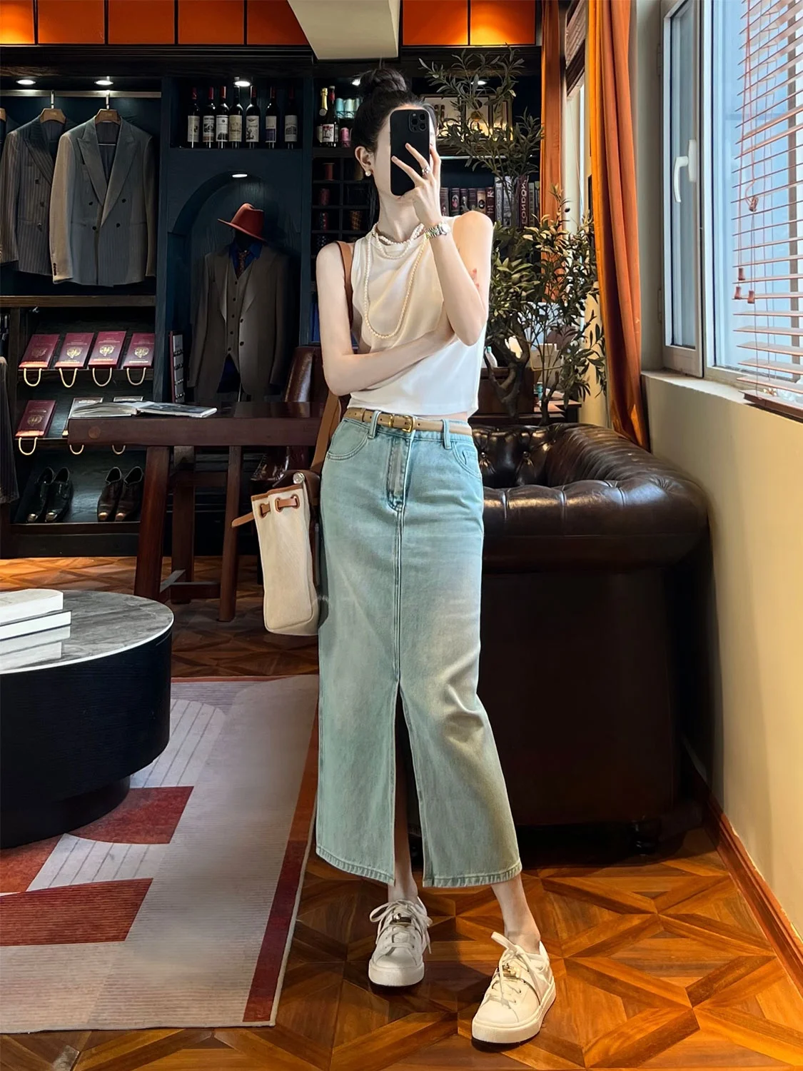 

Мятно-синяя джинсовая юбка с разрезом, женская, с высокой талией, повседневная, износостойкая, из смесового хлопка, весна-лето, стройнящая, универсальная