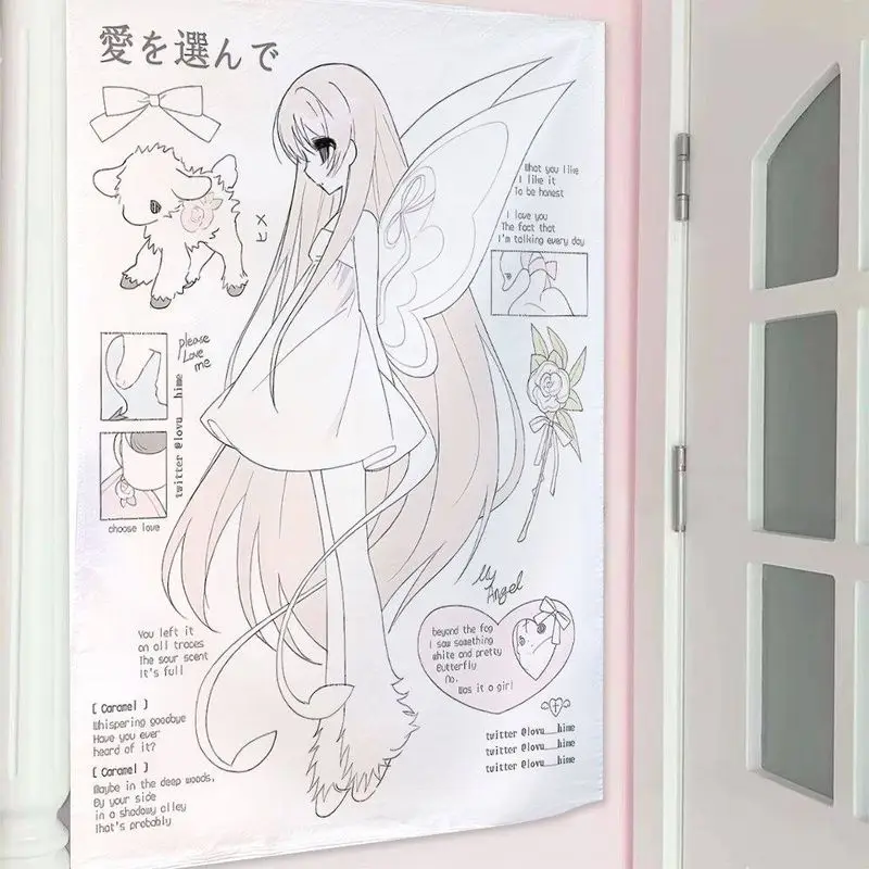 VIKAMA Cute Line Art Anime Girl Tapestry Kawaii Butterfly Angel Wings Lamb Bow Rose Wall Hanging Aesthetic Bedroom Dorm Decor
