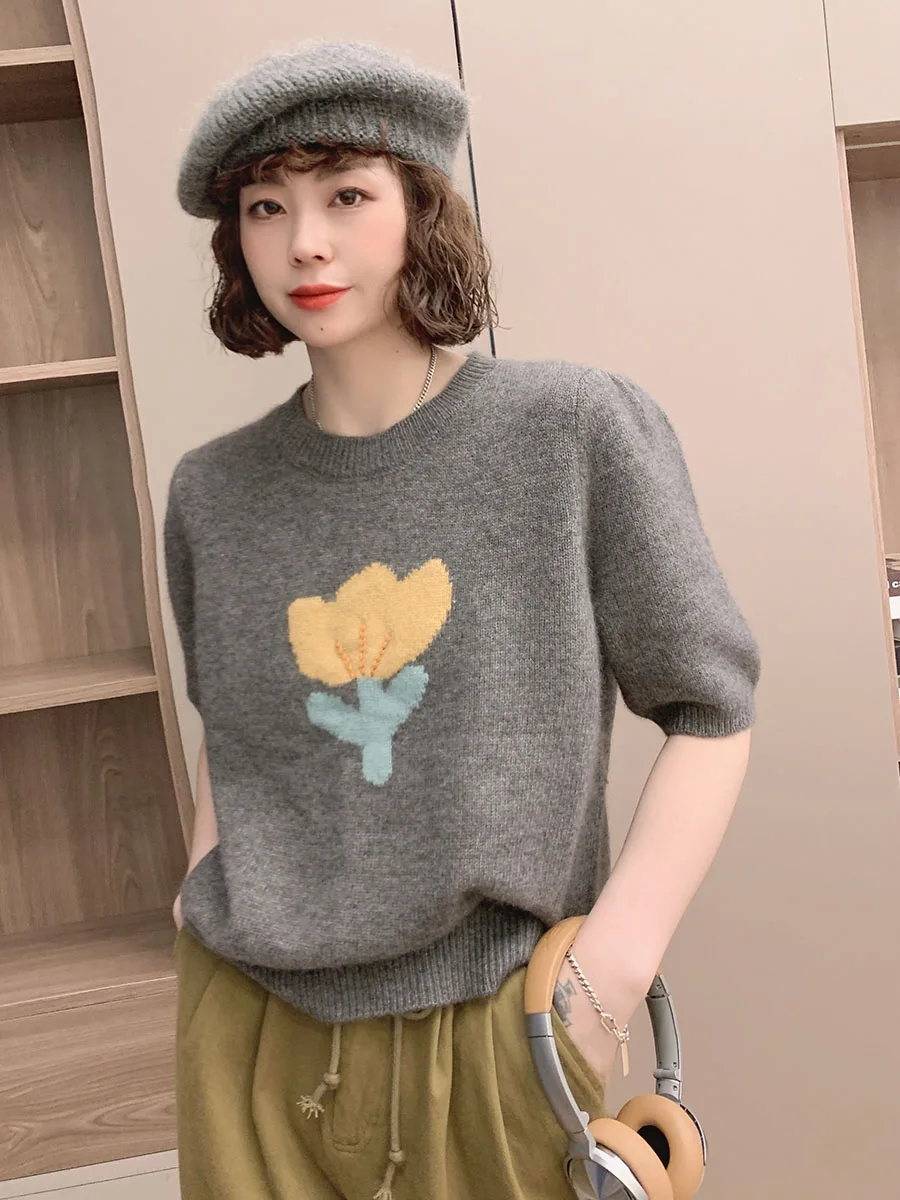 

Ice Silk Knitted ort Sve Sweater round Ne Casual Sle Splicing Pattern Commute Faion Summer New Arrival Youthful