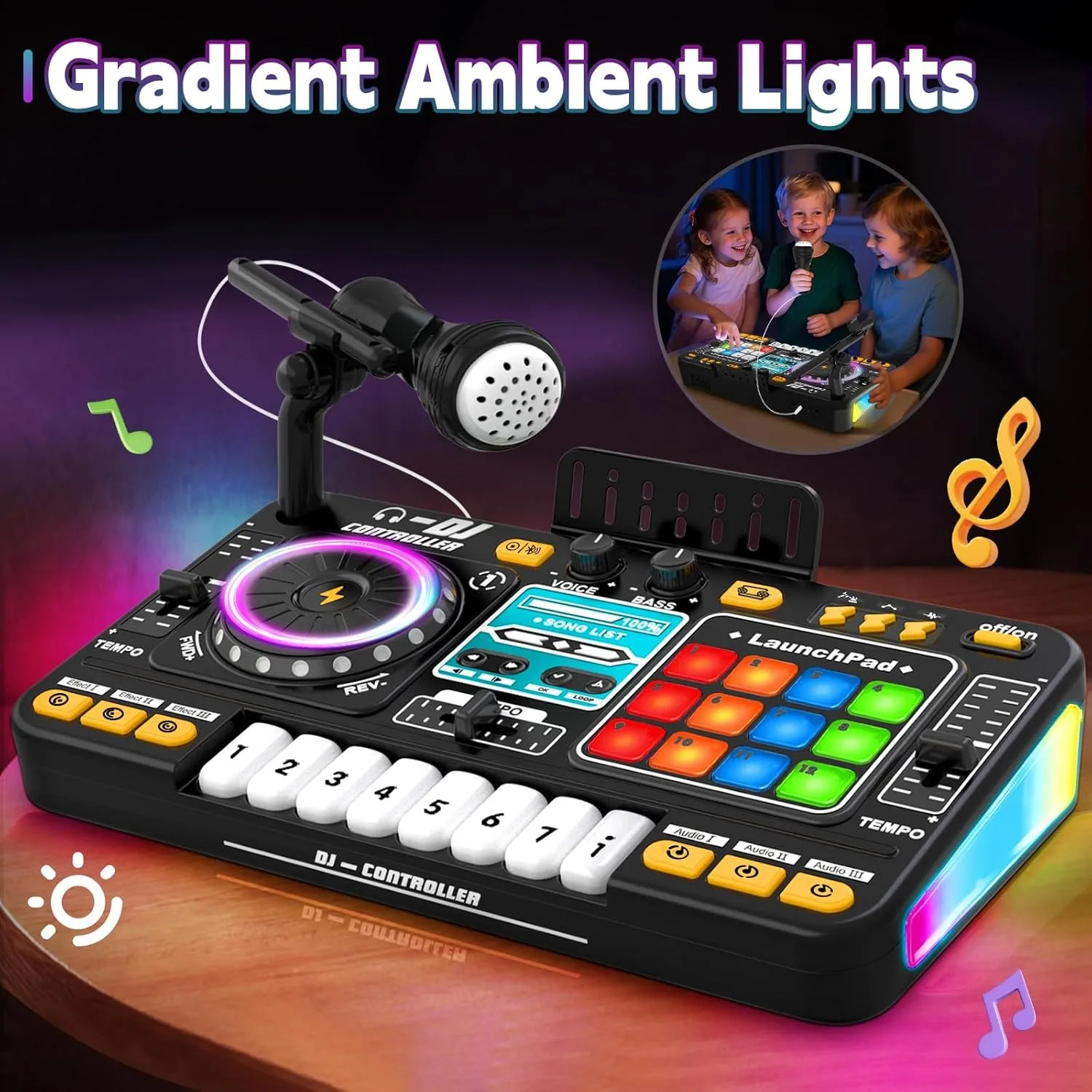DJ Mixer for Kids, Toddler DJ Mixing Table with DJ Turntable, Game Mode, Light & Speed Control and Microphone, Gifts for 3 4 5 6