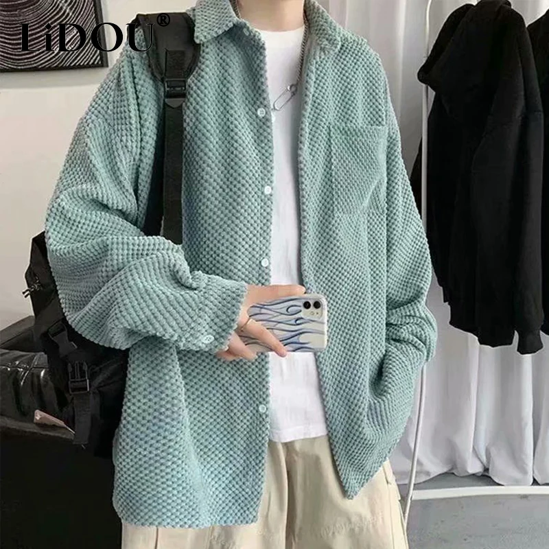 Spring Autumn Korean Corduroy Loose Button Blouse Man Long Sleeve Fashion Solid Pocket Male Shirt All Match Streetwear Clothes