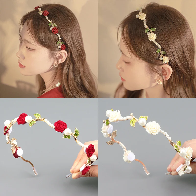 1pc Handmade Rose Hair Clamping Hair Bands Female Mori Fairy Pearl Green Leaf Headbands Super Fairy Chinese Style Headdresses