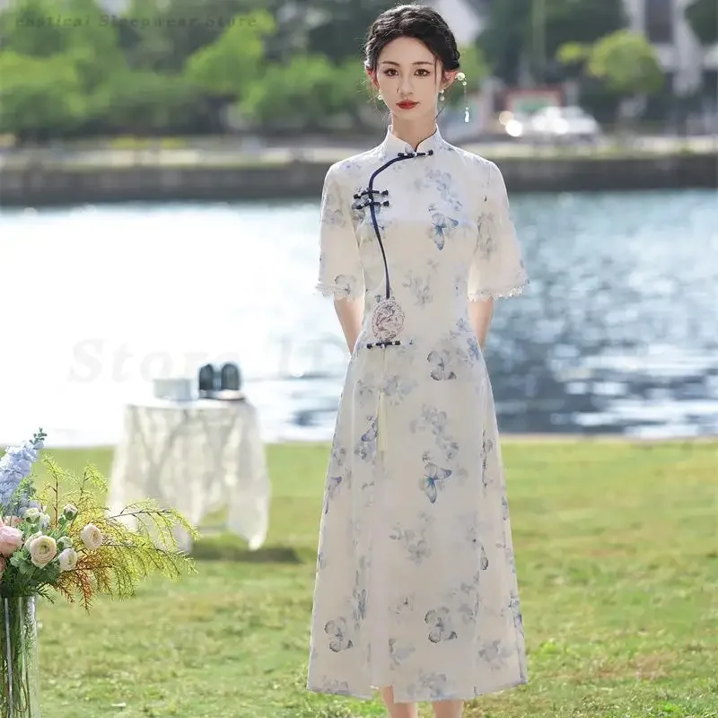 

Summer New Ao Dai Qipao Improved Ethnic Style New Chinese Traditional Dress Evening Party Gown Fashion Printed Long Cheongsam