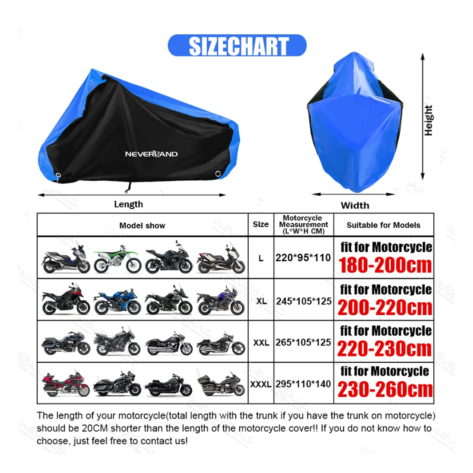 Pokrowiec na motocykl NEVERLAND, akcesoria motocyklowe, rozmiar XL pasuje do motocykli o wymiarach do 205*75*135, czarno-niebieski