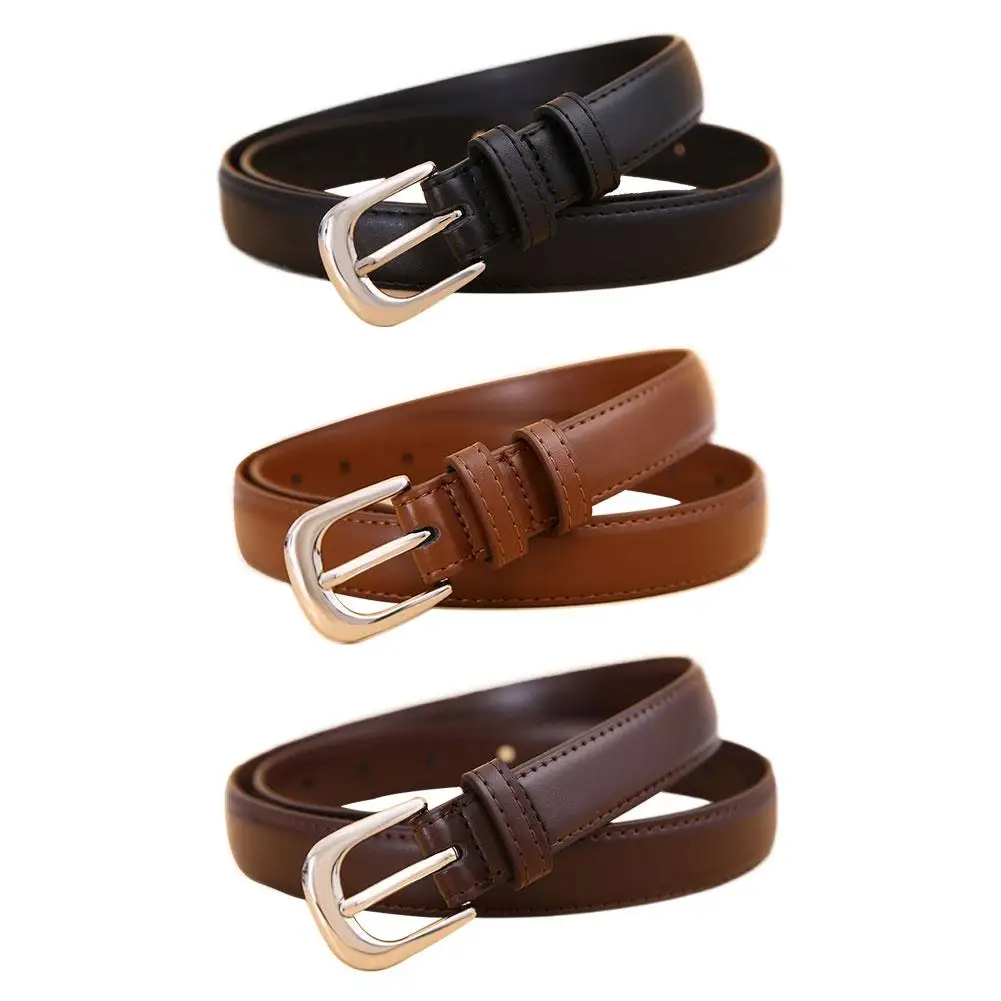 Fashion Thin Black Waist Belt Ladies Smooth Faux Leather Strap Silver U Shape Buckle For Pants Skirt Decoration