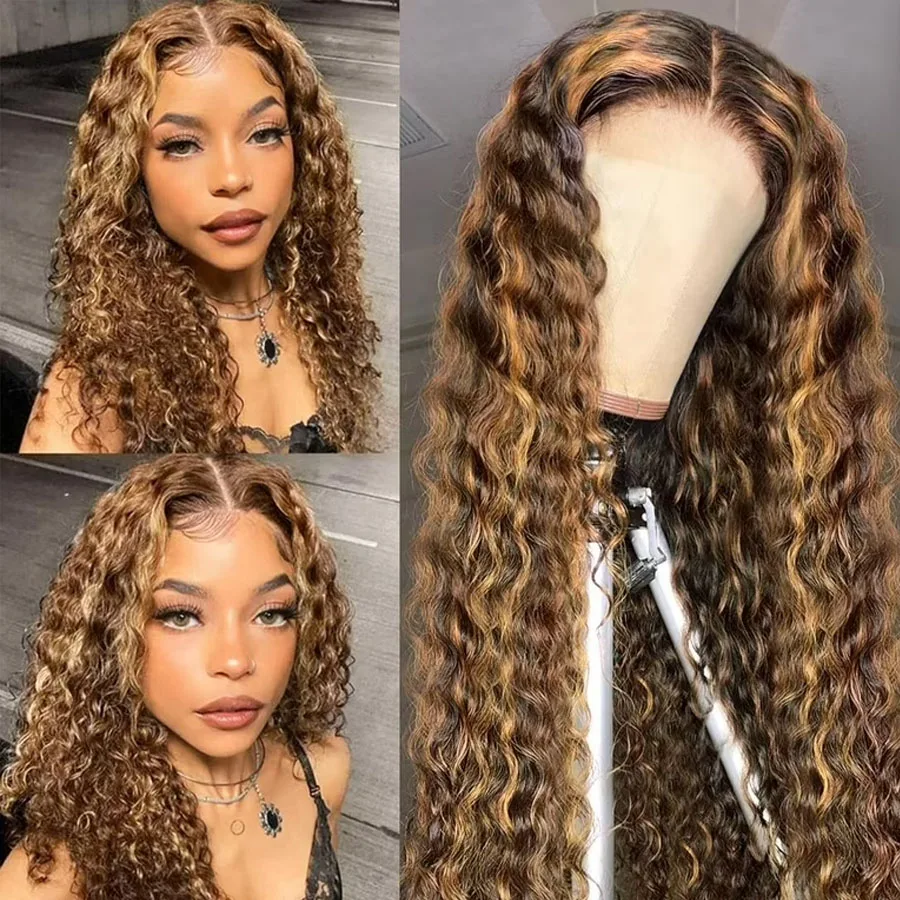 

18 28 Inch 4/27 Highlight Ombre Curly 180 Density 5x5 Human Hair Lace Closure wigs Remy Water Wave Lace Closure Wig For Women