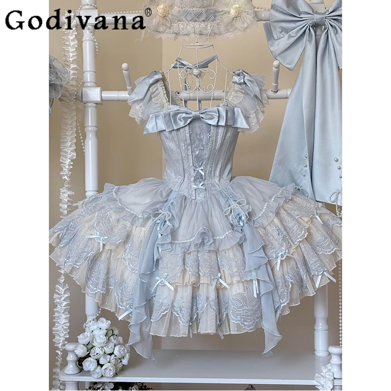 Blau Lolita Prinzessin Kleid Sommer Neue Mädchen frauen Slim-Fit Elegante Geburtstag Party Kleid Weibliche Nette Schleife Spitze tee Party Kleid