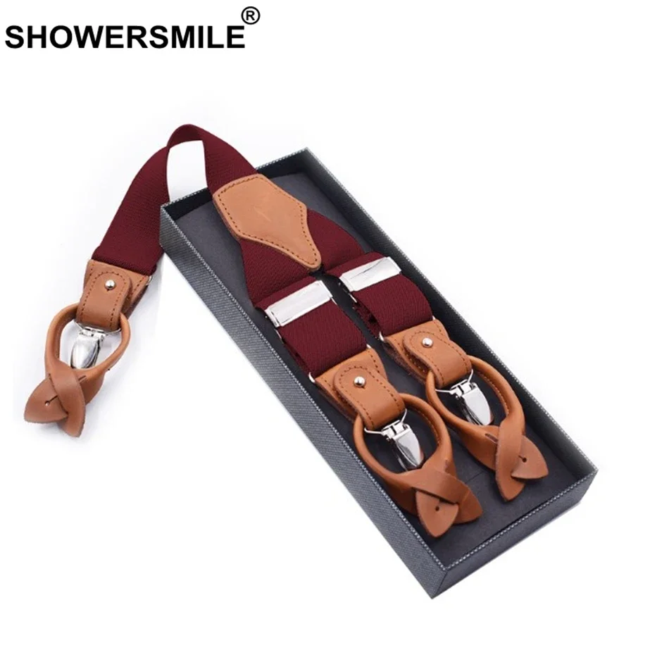 SHOWERSMILE Men Suspender Clips Solid Red Shirt Braces Leather Elastic Male Wide Suspenders 3.5cm Khaki Blue Black Coffee