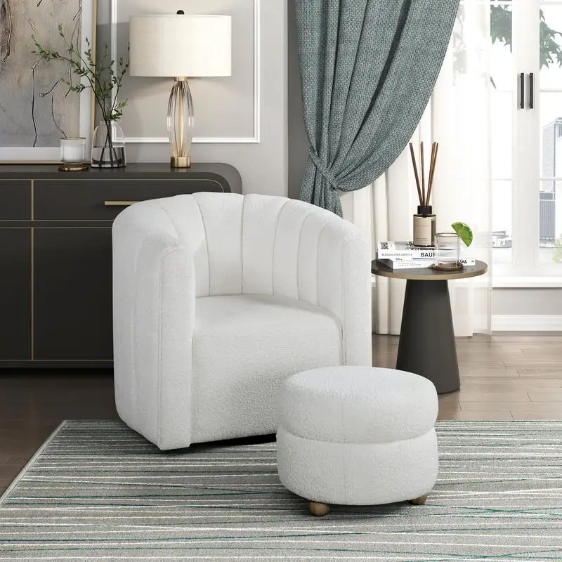 Modern Swivel Chair with Ottoman White Boucle Fabric Upholstery Solid Wood Living Room Furniture Set