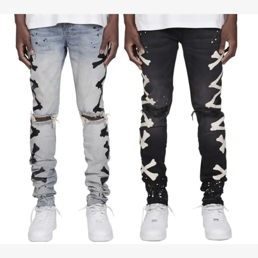 

Men's Ripped Denim Jeans Printed Elastic Hip Hop Long Trousers mid Waist Zipper Closure Slim Fit Four Seasons Universal