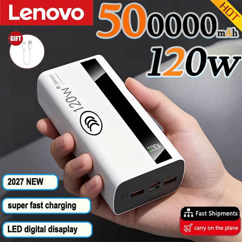 Lenovo 2027 3C 500000mAh Powerbank o bardzo dużej pojemności 120W Szybkie ładowanie Przenośny powerbank z cyfrowym wyświetlaczem do iPhone'a XIaomi