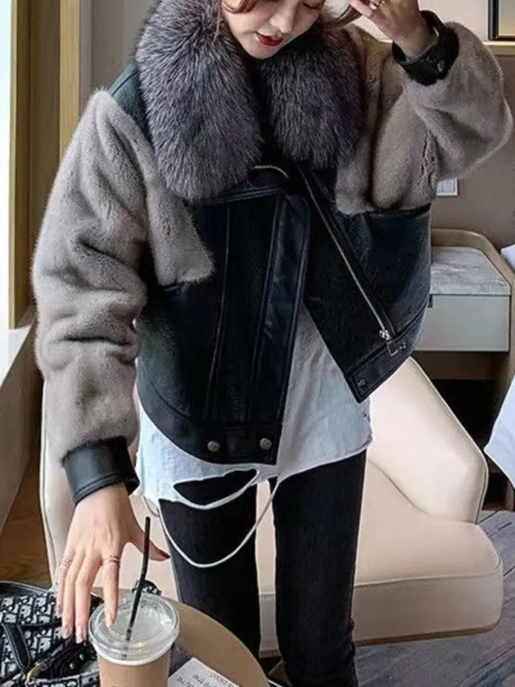 UCXQ Fashion Faux Fur Coat European Style Contrasting Color Splicing PU Loose All Match Tide Women\'s Jacket 2024 Autumn Winter
