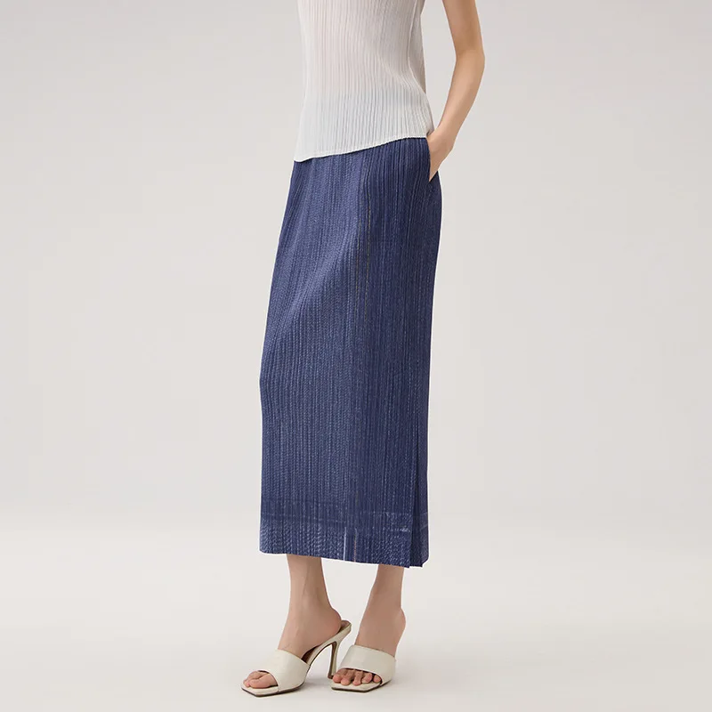 Miyake Pleated Solid Color Half Skirt 2025 Summer New Denim Fashion Temperament Slim Thin Half Skirt