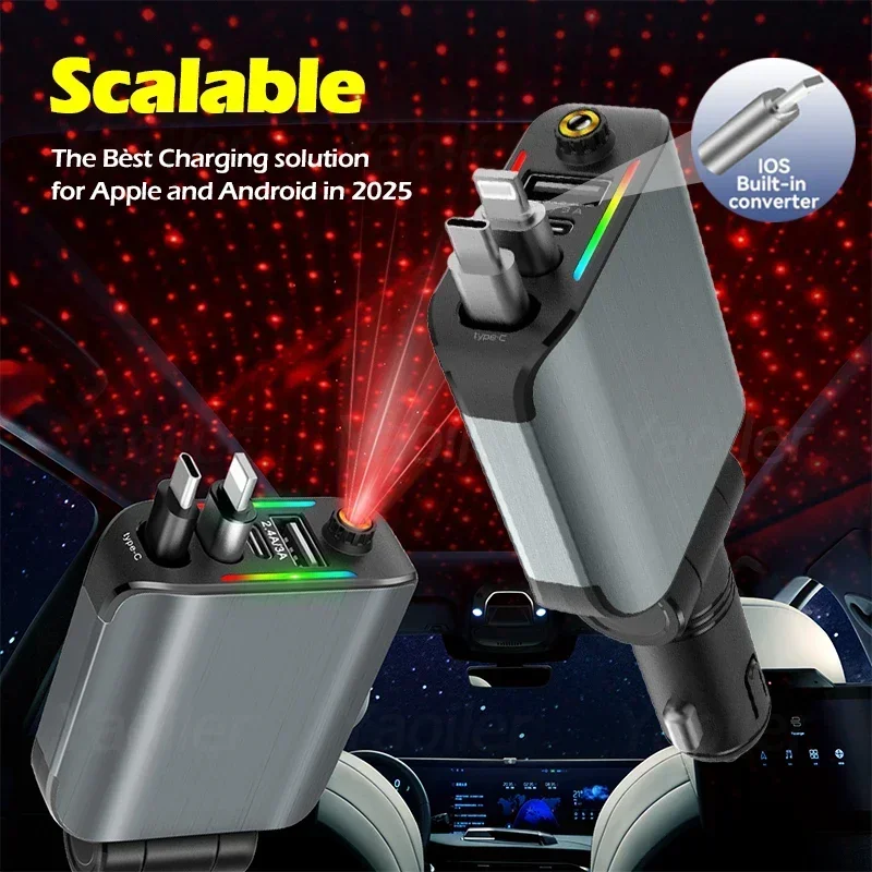 

4 in 1 New Upgraded Retractable Car Charger with Starlight,66W USB C Fast Car Charger Adapter with 2 USB Ports Car Phone Charger