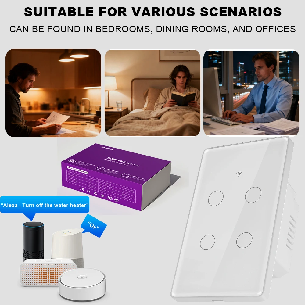 Smart WiFi Touch Switch US Standard Voice/APP Control Smart Home Light Switch Compatible with Alexa Google Home for Bedroom