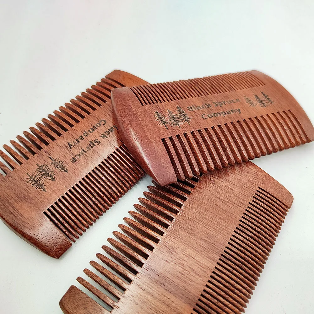 50 Pieces/Pack Custom Logo Red Wood Beard Comb Fine & Wide Teeth Double Sides for Hair Beard Mustache Pocket Size