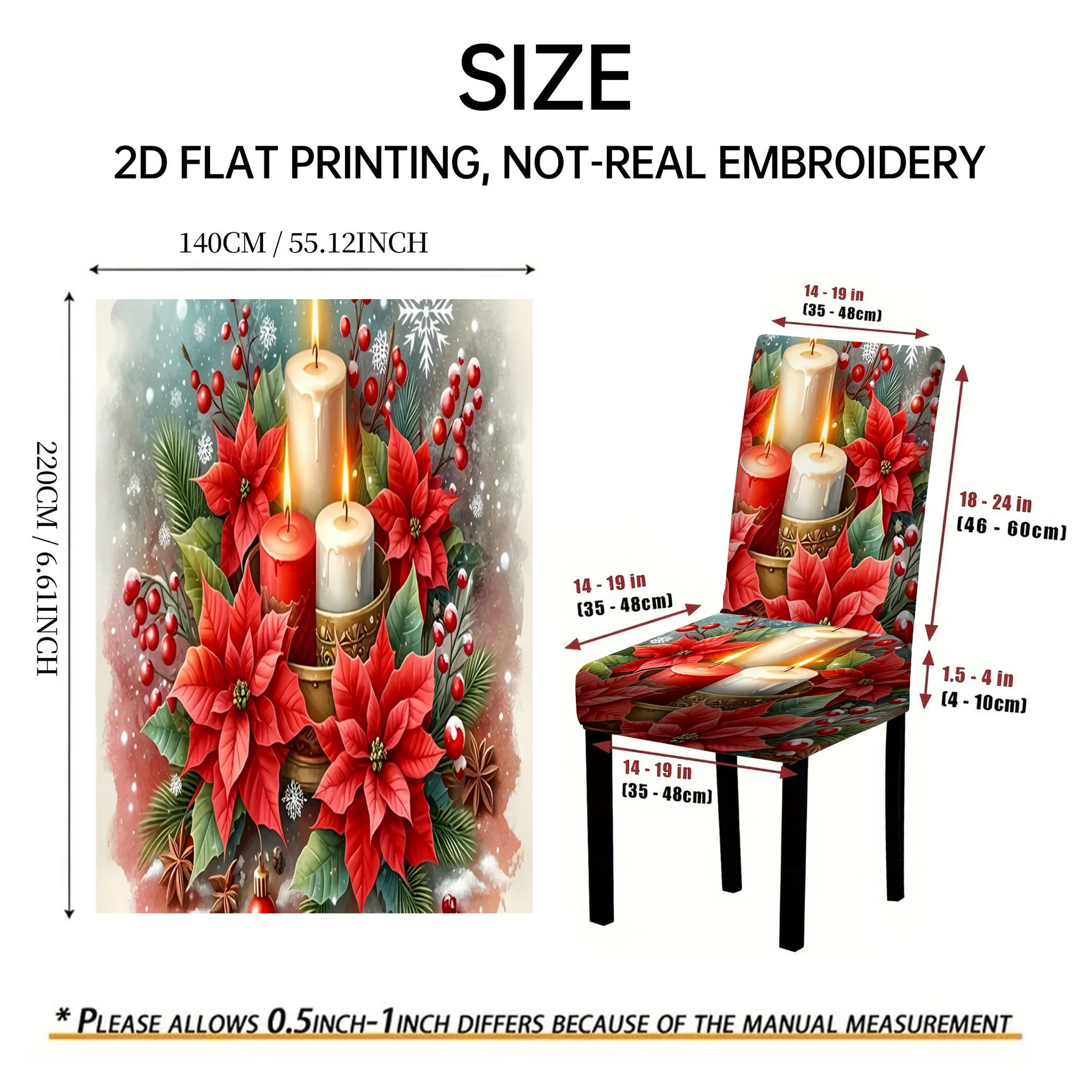 2/4/6 PCS holly red berry Christmas poinsettia elastic dining chair cover, 2D flat pattern, Christmas home holiday decoration
