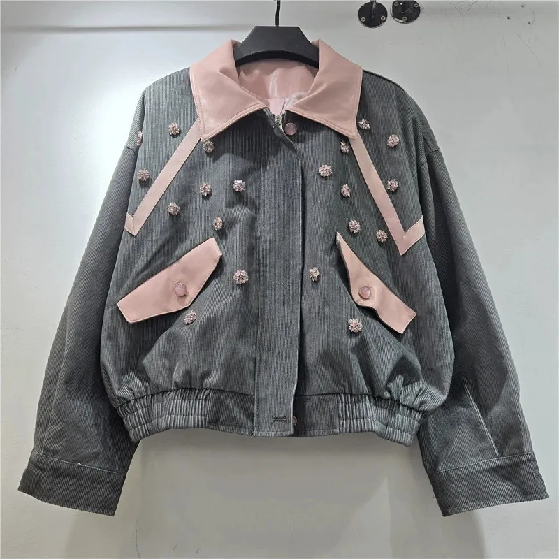 Heavy Work Beaded Flowers Corduroy Jacket Grey Green Coffee Color Faux Pu Leather Lapel Patchwork Long Sleeve Female Short Coat