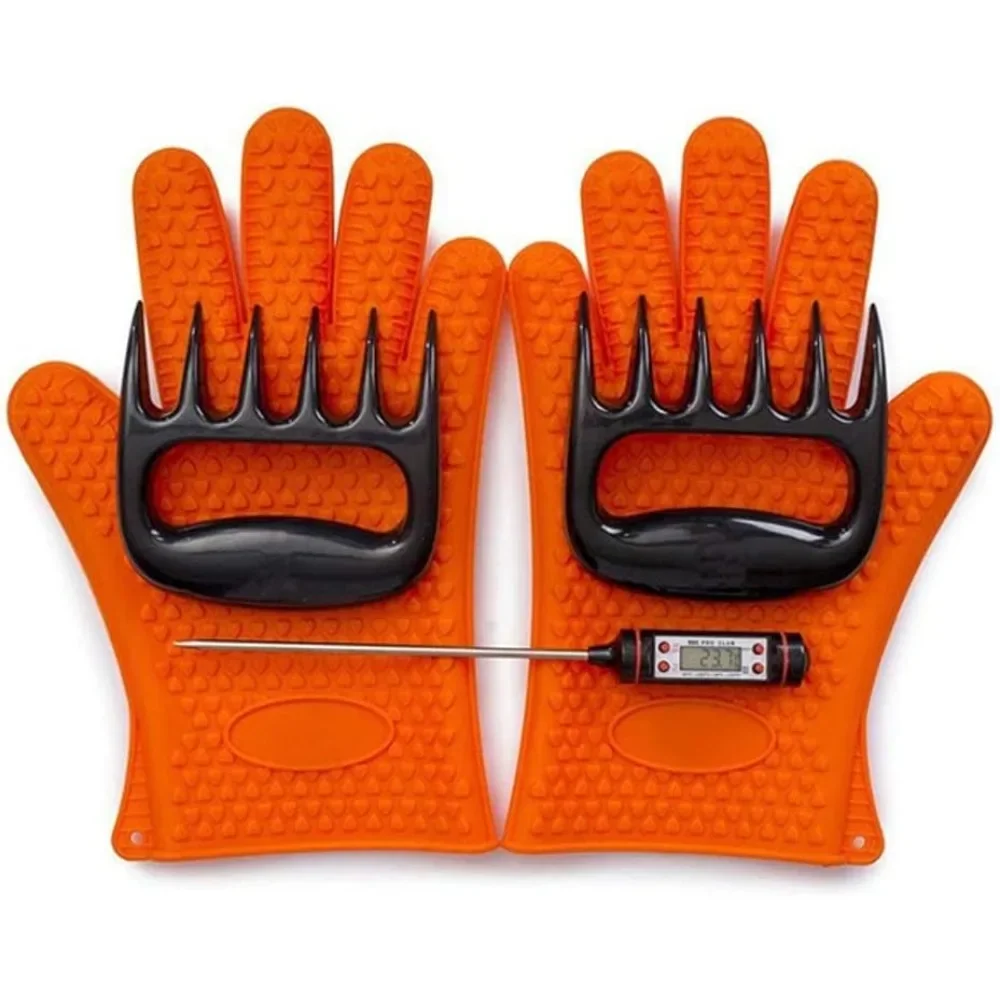 

5 Pieces BBQ Tools Tongs Brush Thermometer Claws Gloves Barbecue Grilling Utensil Camping Outdoor Cooking Tool Set
