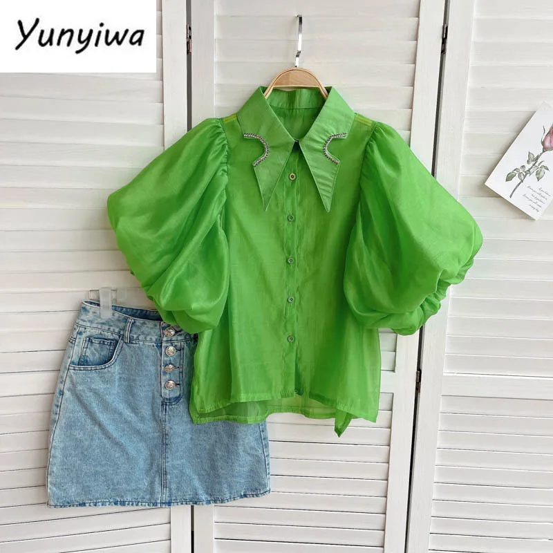 Neploe Turn Down Collar Puff Short Sleeve Candy Color Blouse Women Beading Design Ol Loose Blusas Summer 2021 New Shirt Femme