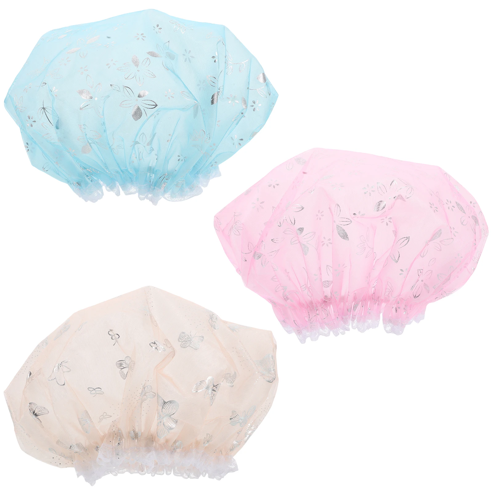 

3Pcs Stylish Mesh Shower Caps Waterproof Double Layers Gold Foil Bath Hair Cap Makeup Cap Bath Caps Shower Headwraps
