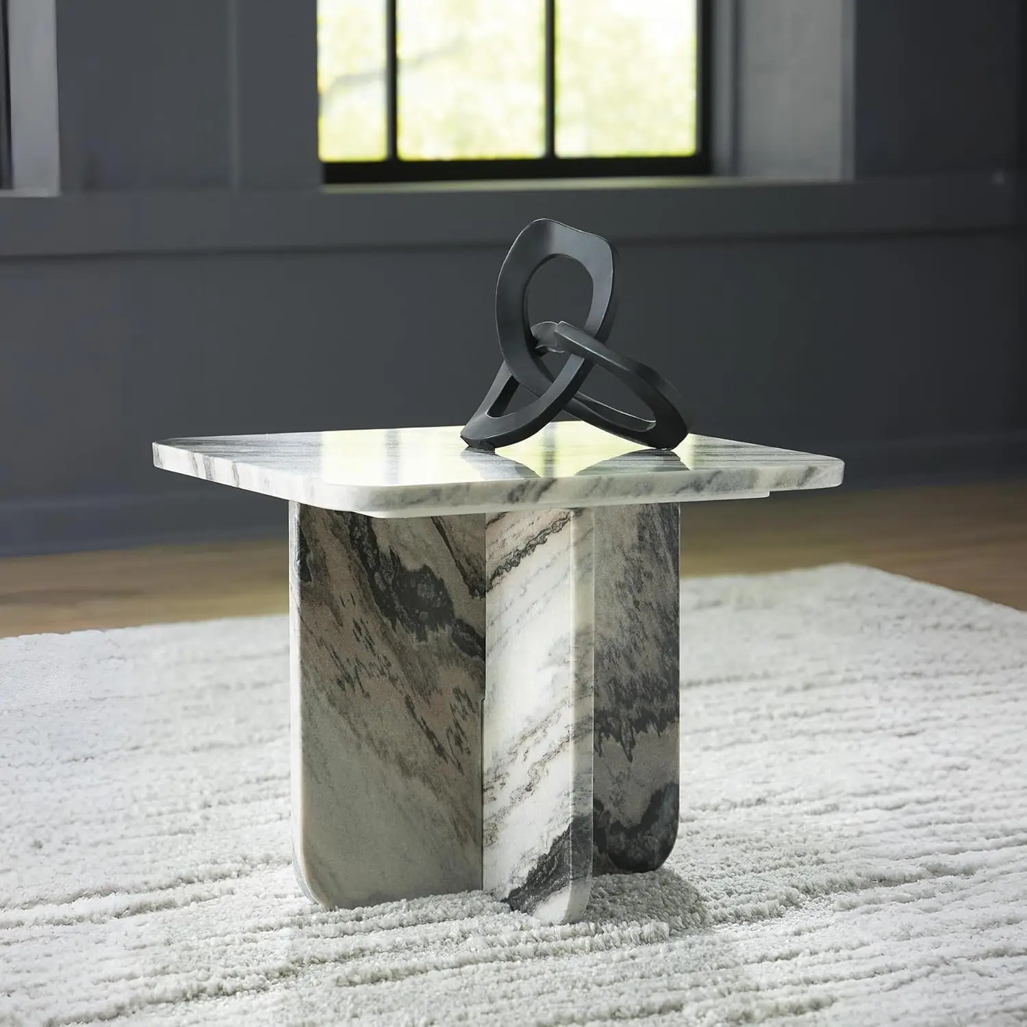 Signature Design by Ashley Baretton Contemporary Marble Accent Coffee Table with Cross Pedestal Base, Black & White