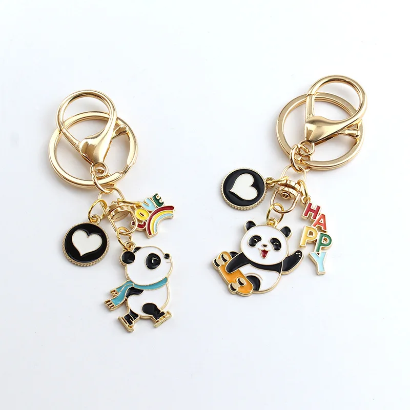 1pc Funny Cartoon Sports Skating Panda Keychains Key Ring For Women Men Kawaii Straw Hat Panda Bag Keychain Accessories Jewelry