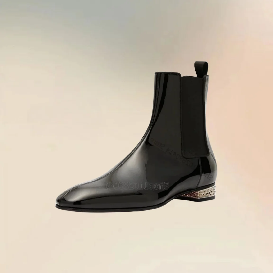 Botas de couro preto masculino, decoração de rebites, dedo do pé quadrado, deslizamento, luxo, feito à mão, festa, escritório, sapatos de vestido, moda