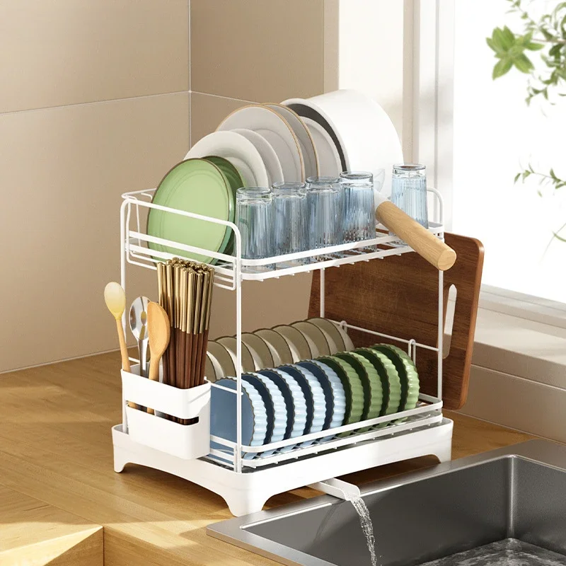 

2 Layers Carbon Steel Dish Drying Rack Multifunctional Cutlery Holder Drain Breathable Dish Drainer Compact Kitchen Shelf