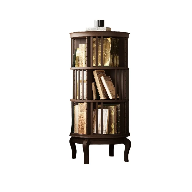 Retro solid wood rotating small bookshelf 360-degree floor-to-ceiling storage shelf sofa side storage shelf living room