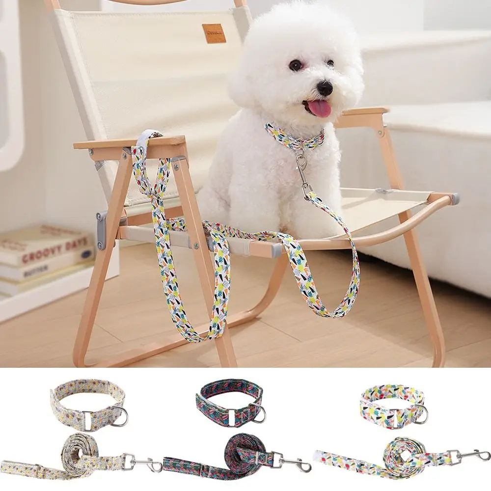 

Flower Print Dog Collar with Leash Adjustable Thick Rope Dog Collar Leash Set Easy to Use Wristband Design Pet Collars Combo