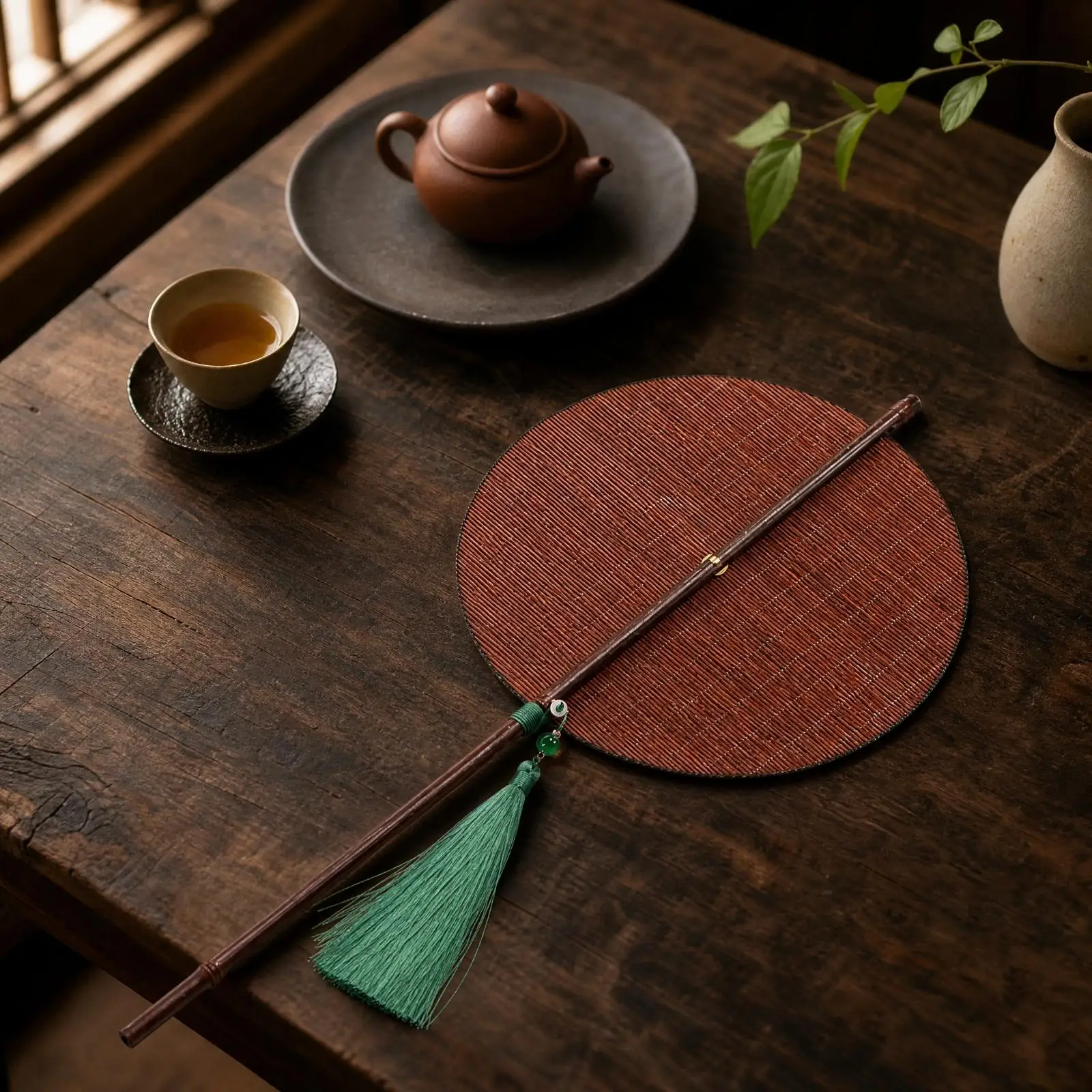 Long Handle Bamboo Fan Foldable Folding Hand Fan with Tassel Traditional for Handheld Air Circulation, Everyday Relaxation,