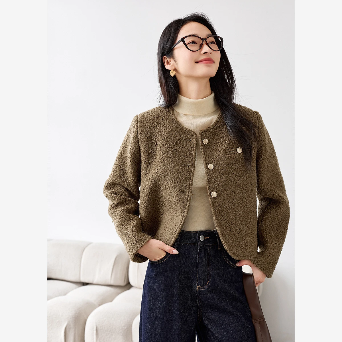 

VIMLY элегантный укороченный твидовый пиджак из смеси шерсти с круглым вырезом и длинными рукавами, стеганые пальто, 2025 г., зимнее однобортное пальто, женское M5198