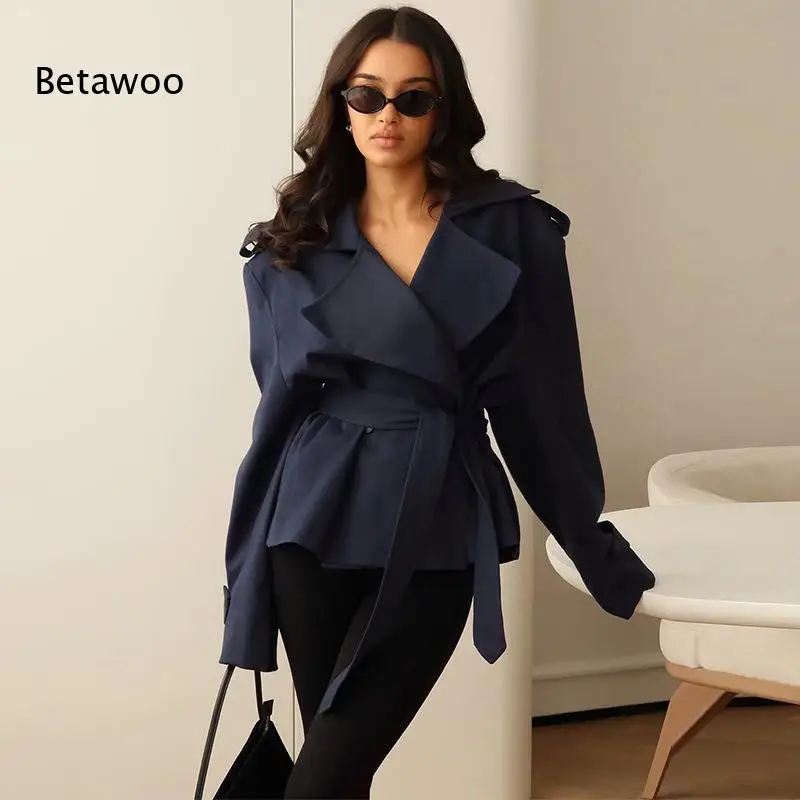 Notched Lapel Belted Waist Cinched Long Sleeve Coat Loose Elegant Commuter Casual Outerwear for Women