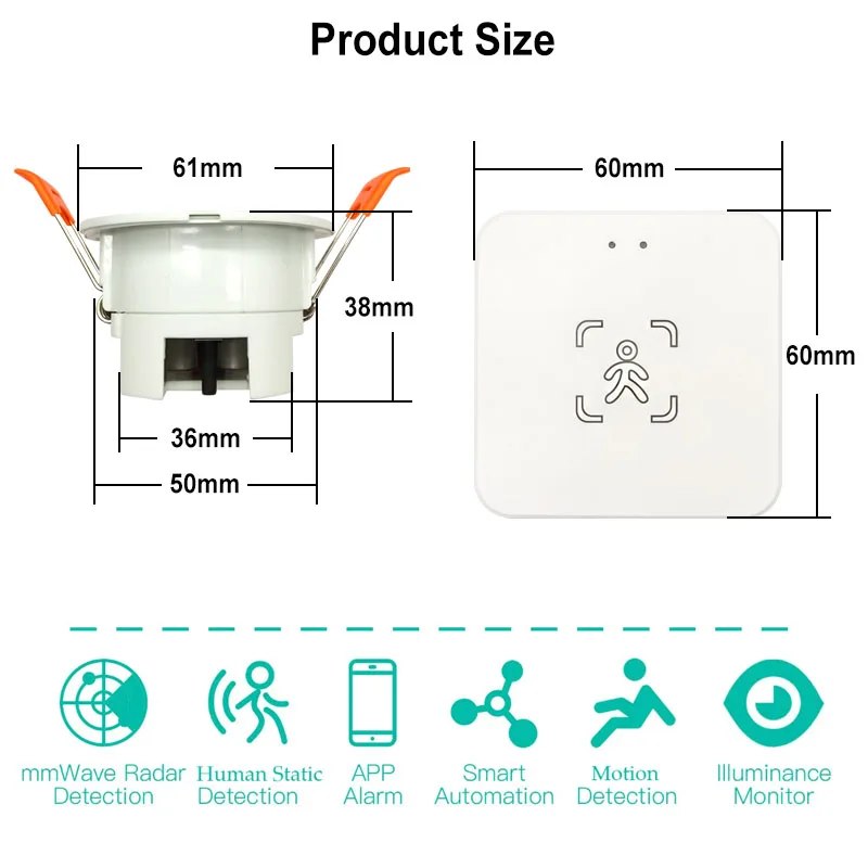 Tuya Smart WiFi Zigbee Millimeter Wave Radar Motion Sensor Human Presence Detector With Luminance/Distance Detection 5V,110/220V