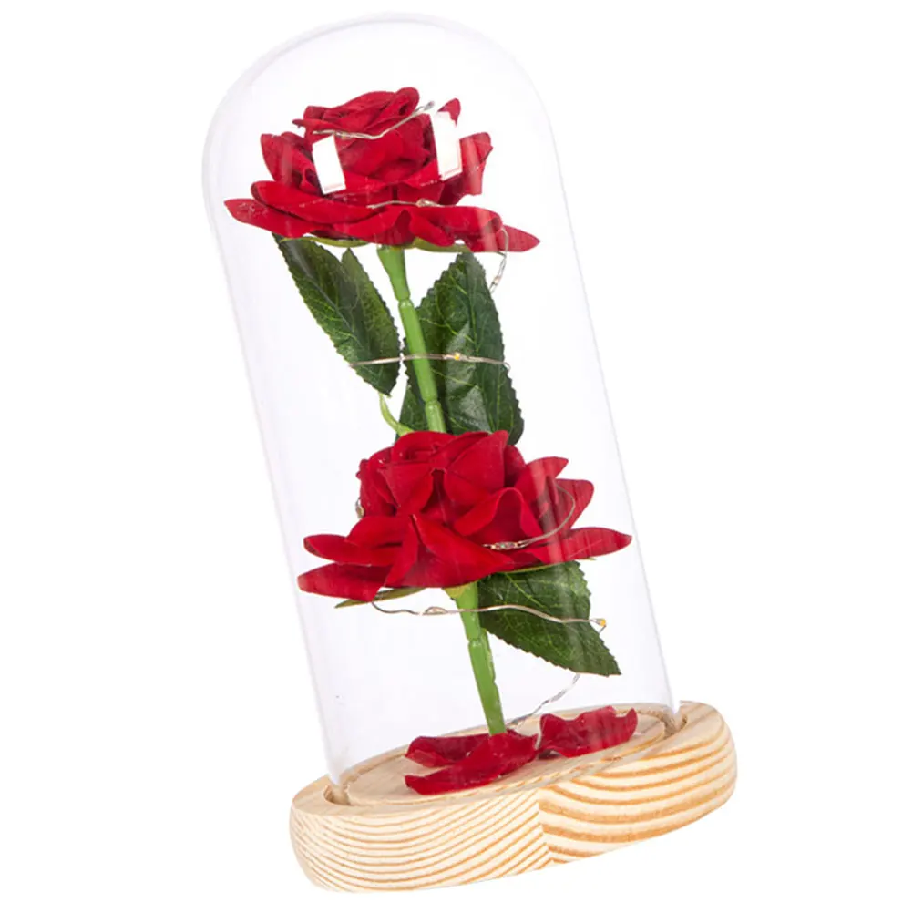 

Simulated Rose Glass Dome Decor Fake Flower LED String Light Warm White Desktop Valentine nament Christmas Gift Artificial