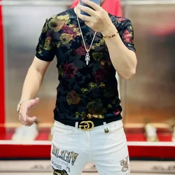 2024 Summer Flocking Flower T-shirt for Men Short Sleeve Casual T Shirt Business Social Streetwear Round Neck T-shirt M-4XL