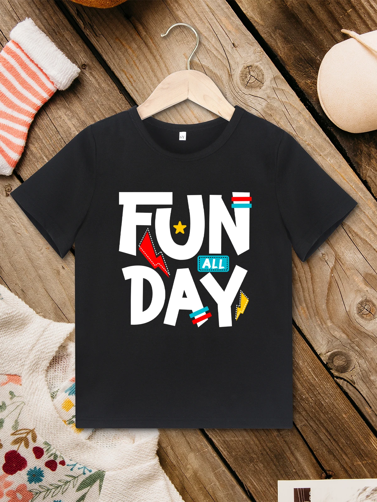 Fun All Day Toddler Tee Shirt Spring Summer Casual Outdoor Play Boys Clothes Fashion Trend Black T-shirt Fine Fabric Comfy