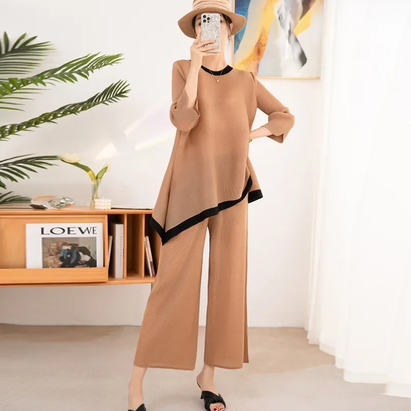 Women's Shirt Pants Two-piece Set with Round Neck Contrasting Irregular Pullover Top, High Waisted Straight Leg Wide Leg Pants