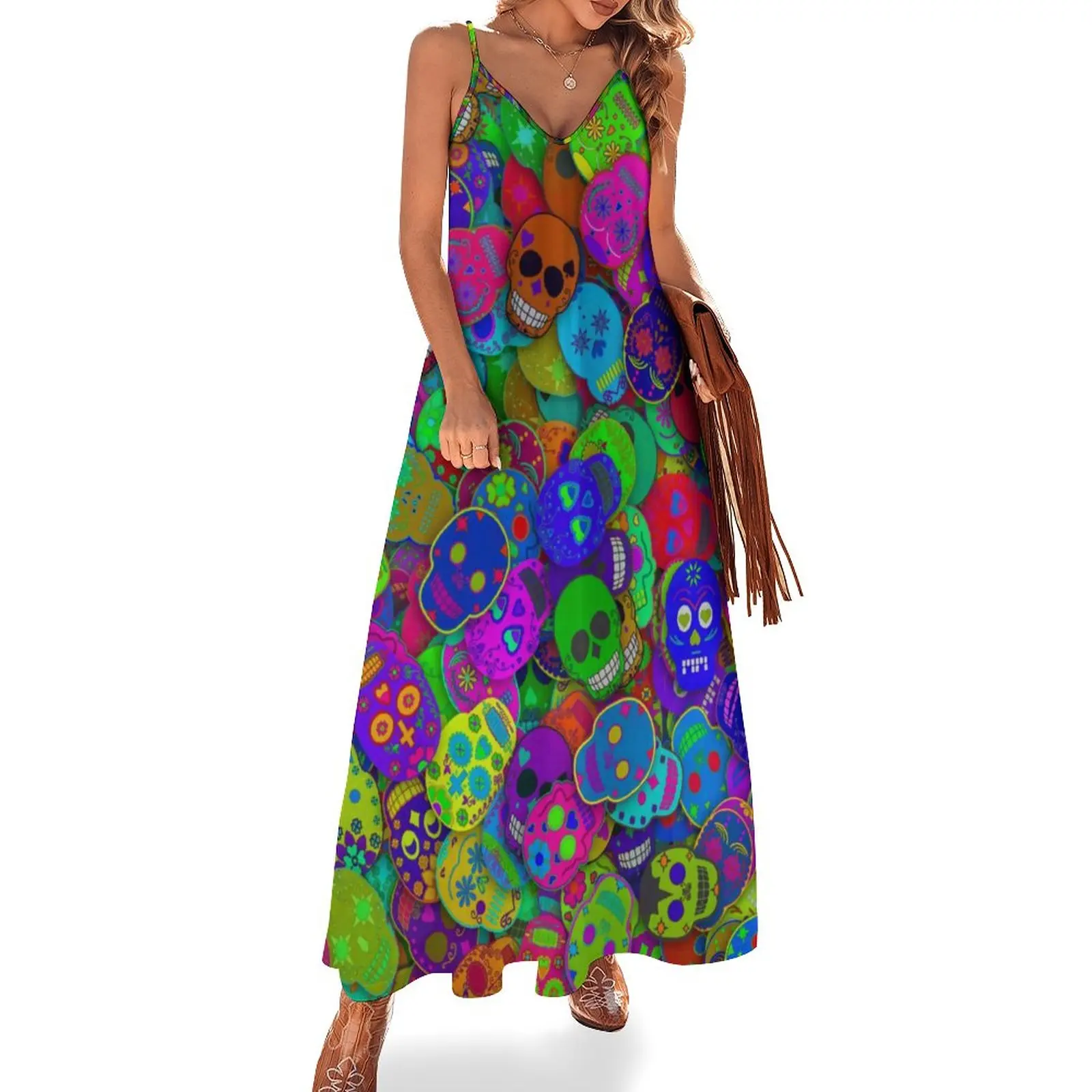 Rainbow Sugar Skull Dress Colorful Mayhem Aesthetic V Neck Boho Beach Long Dresses Women Custom Kawaii Maxi Dress 3XL 4XL 5XL