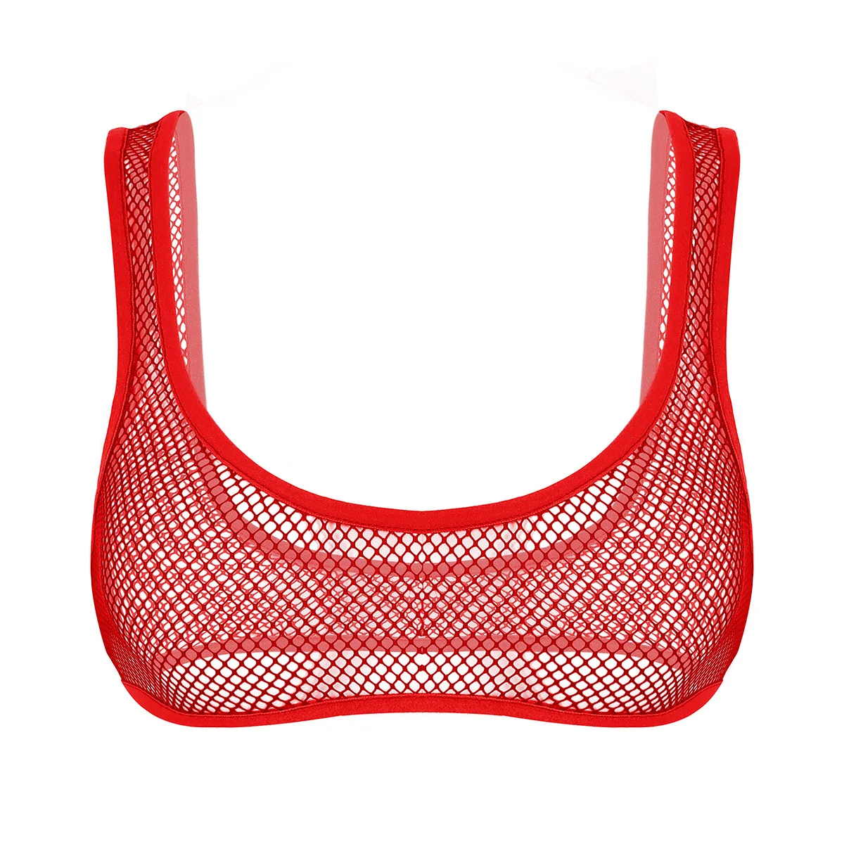 Women Fishnet Bra Top Cropped Tank Top Lingerie Deep U Neck Hollow Out See Through Fishnet Wide Shoulder Straps Vest Crop Tops