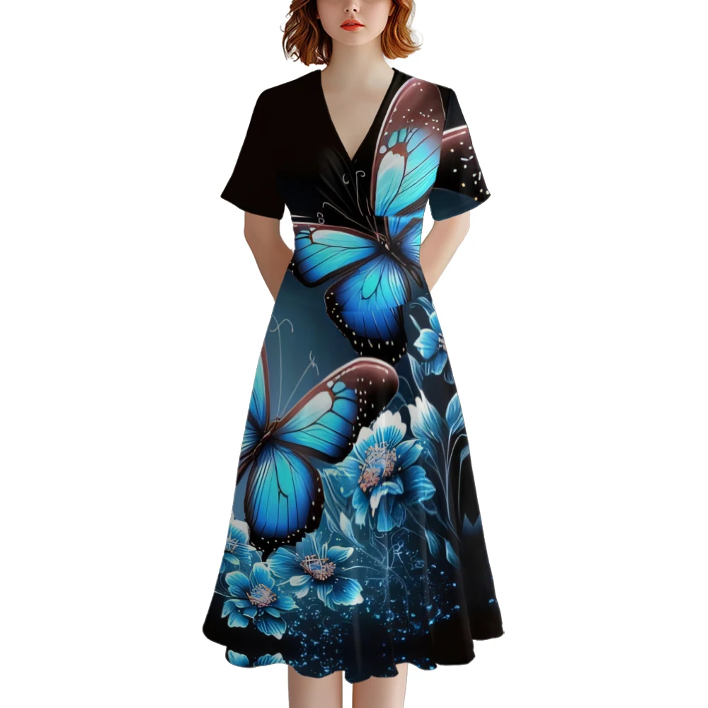 Vestido de verano con estampado de mariposa para mujer, traje elegante de fiesta con cuello en V, línea A, a la moda