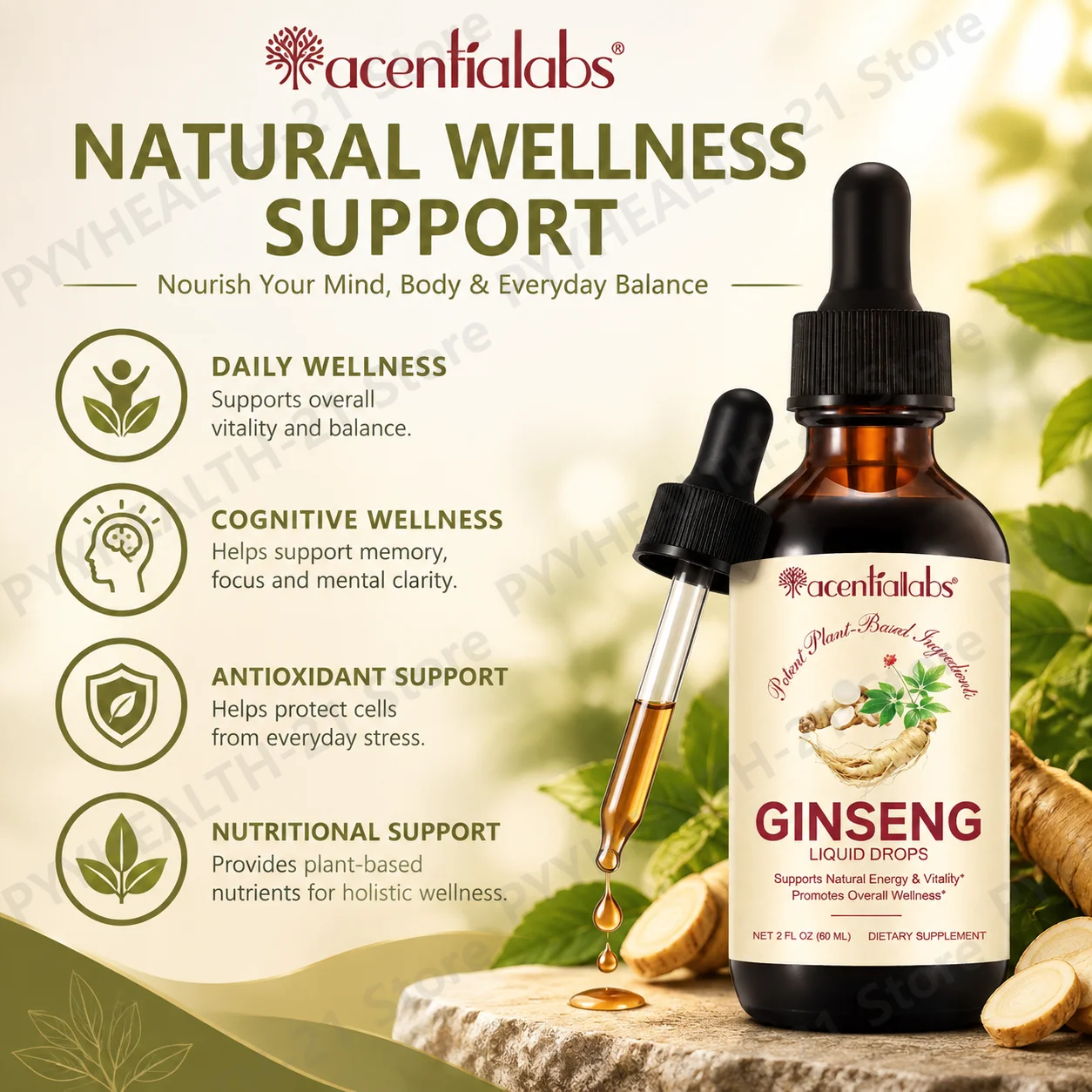 AcentiLabs Ginseng Liquid Drops Korean Red Ginseng Extract Supports Daily Energy Cognitive Wellness Focus Mental Clarity 60ml
