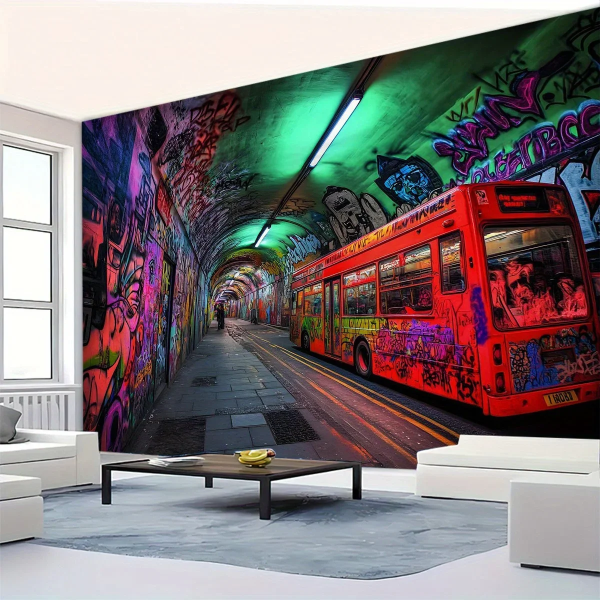 Graffiti Tunnel With Red Bus Wall Tapestry Urban Art Street Culture Decor Boho Style Home Interior Living Room Bedroom