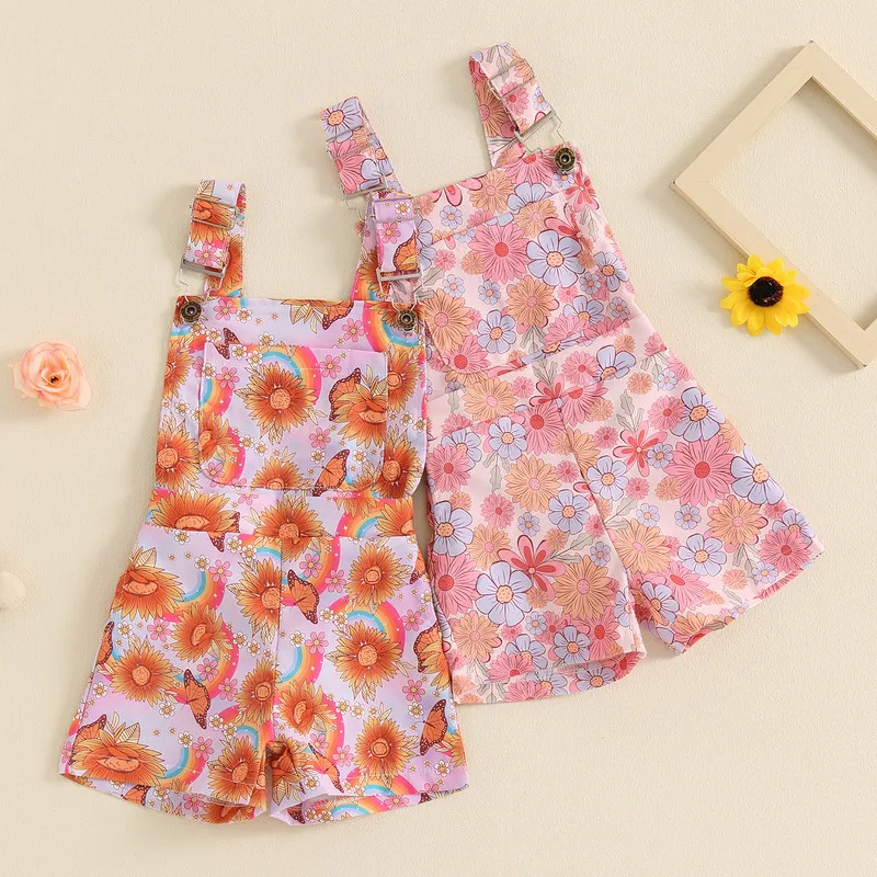 Little Girl Sleeveless Overalls Shorts Daisy/Sunflower Butterfly Print Pocket Front Suspender Jumpsuit for Summer